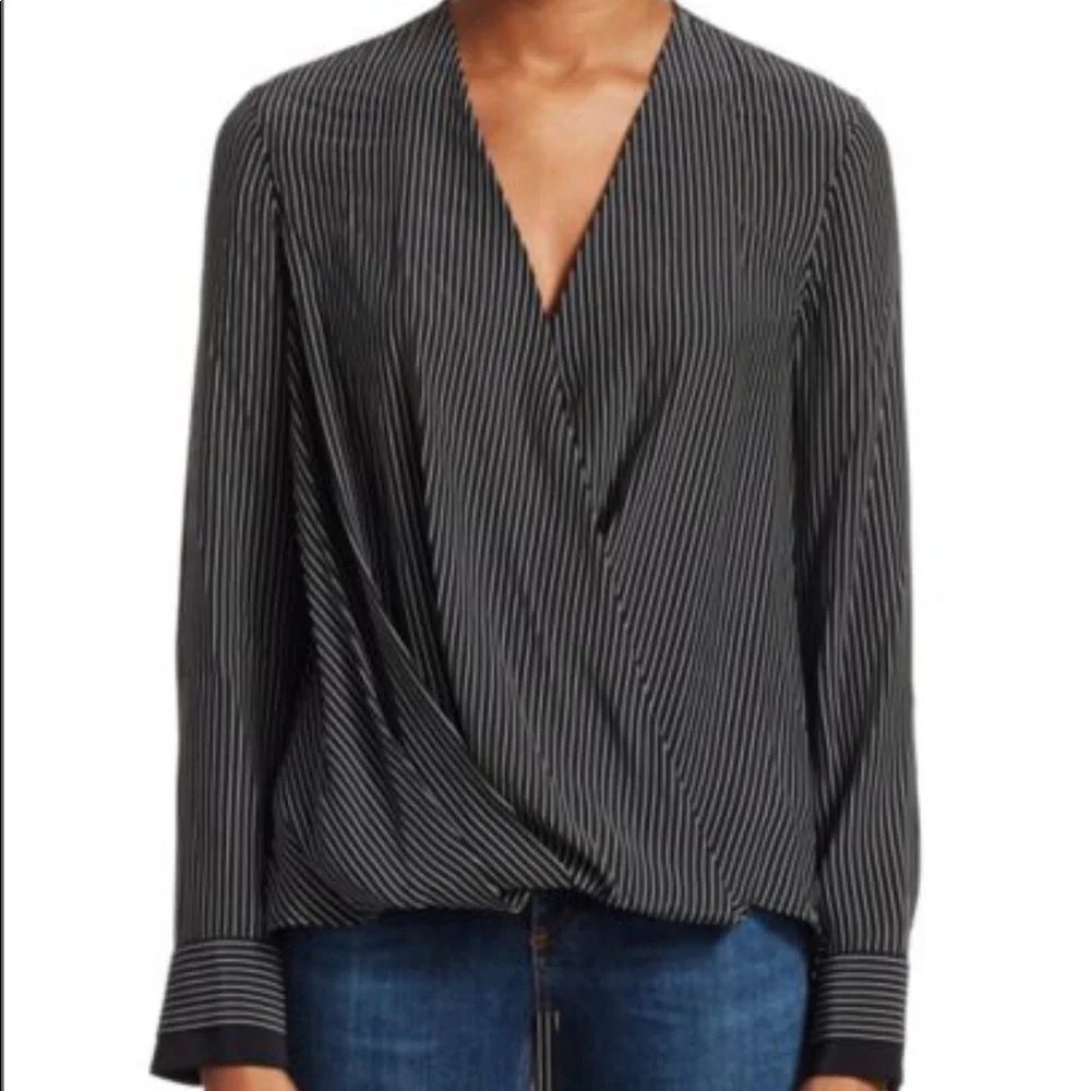 ⭐️ rag & bone - Victor Silk Wrap Blouse in Black w/ White Pinstripes - XXS/TTP - Picture 6 of 12